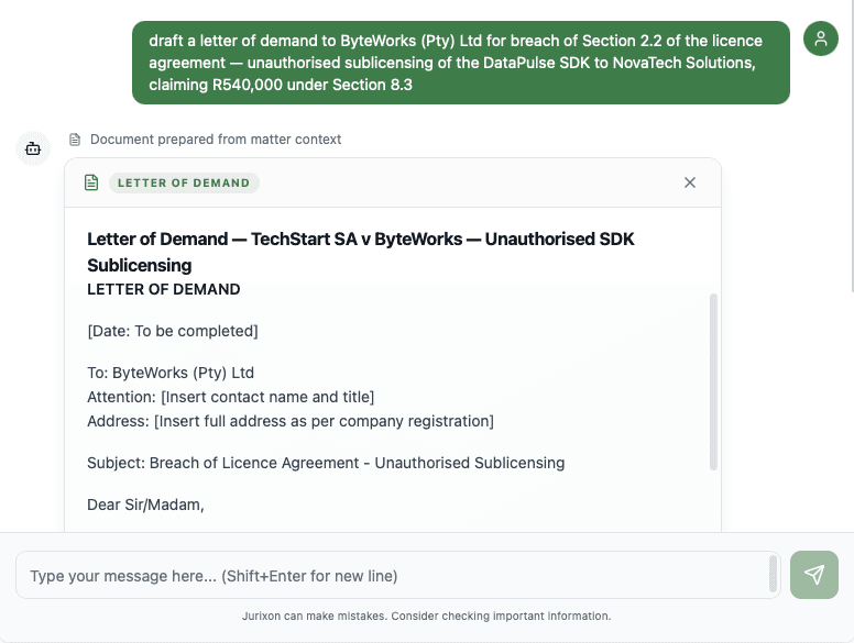 Jurixon matter intelligence chat drafting a letter