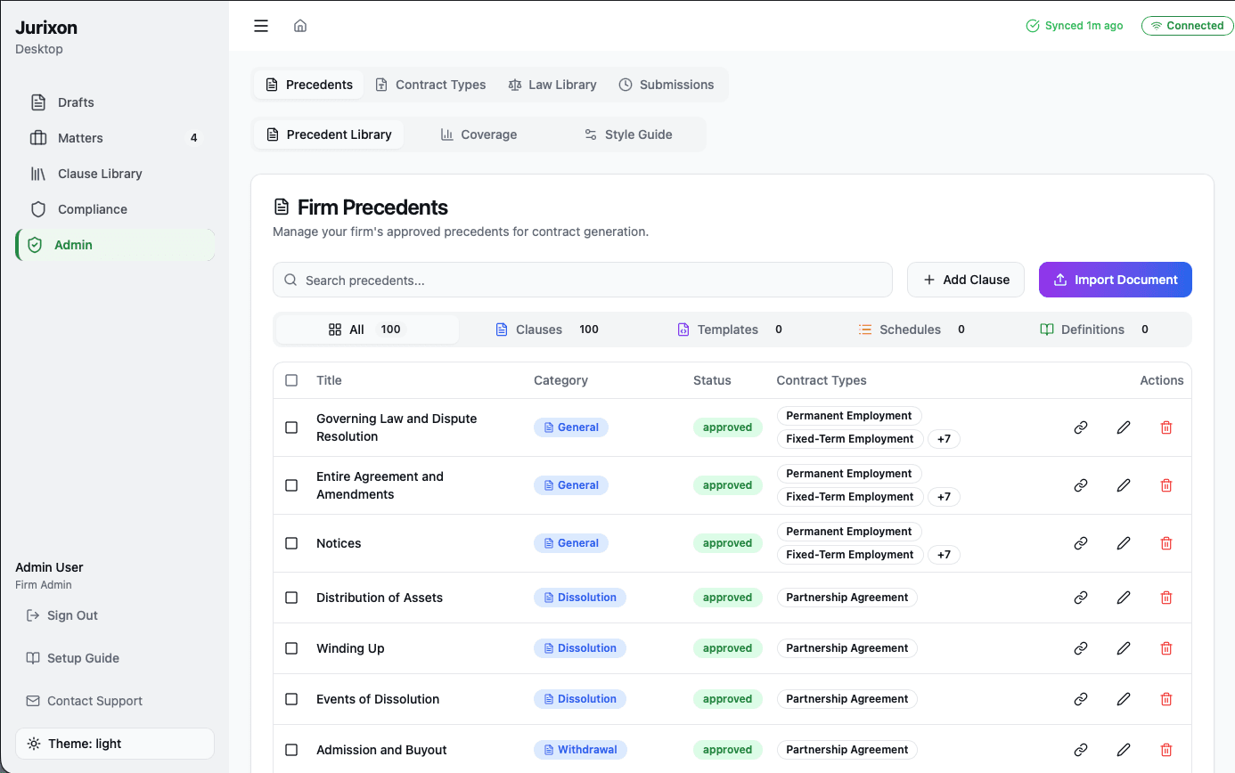 Jurixon Firm Precedents clause library